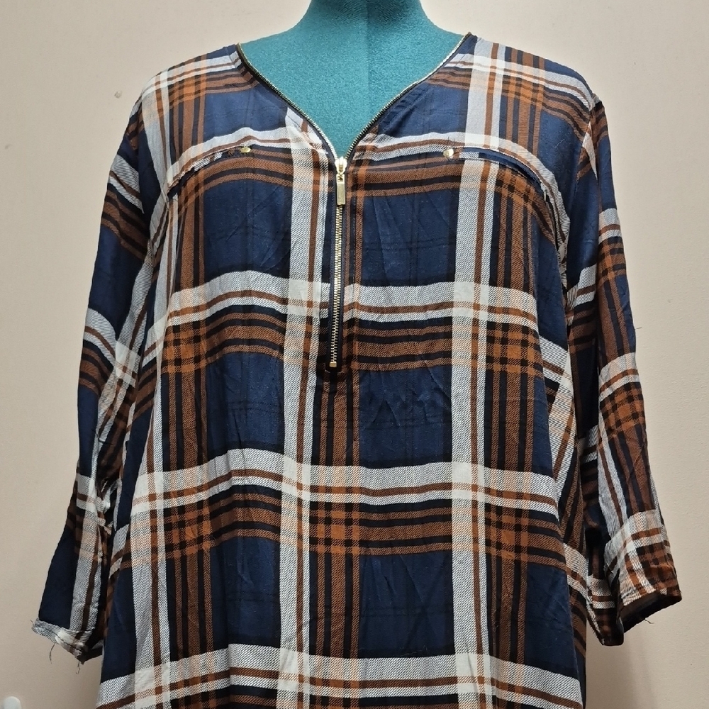 Miss Lili Navy and Brown Plaid Blouse